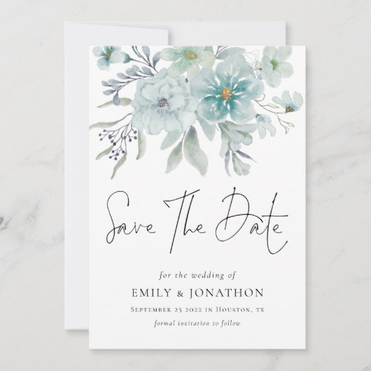 Sea Mist Aquamarine Florals QR Code Hochzeit Save The Date (Vorderseite)