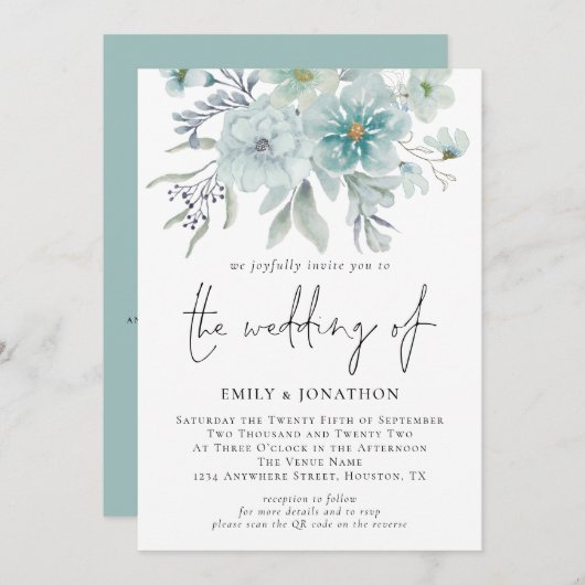 Sea Mist Watercolor Florals QR Code Hochzeit Einladung (Vorne/Hinten)