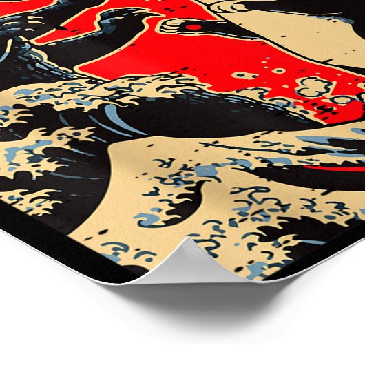 Sea Monster And Cat Fighting Waves Japanese Men Wo Poster (Ecke)