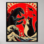 Sea Monster And Cat Fighting Waves Japanese Men Wo Poster (Vorne)