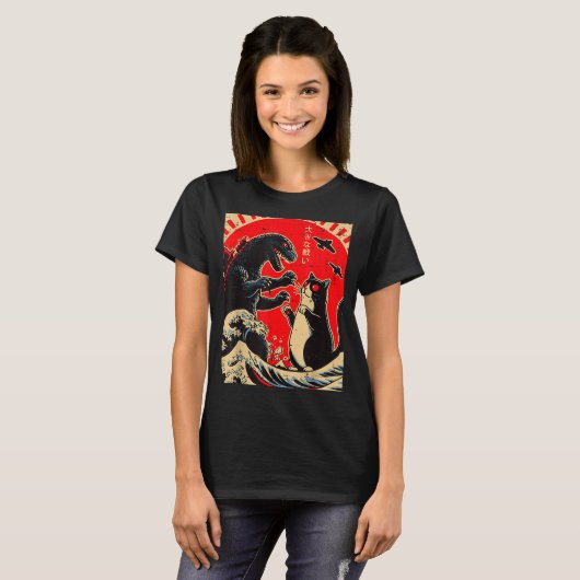 Sea Monster And Cat Fighting Waves Japanese Men Wo T-Shirt (Vorne ganz)