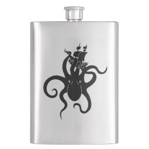 Sea Monster Black and White Kraken with Ship Flachmann