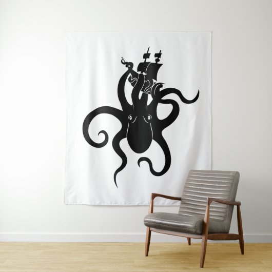 Sea Monster Black and White Kraken with Ship Wandteppich (Beispiel)
