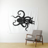 Sea Monster Black and White Kraken with Ship Wandteppich (Beispiel (Horizontal))