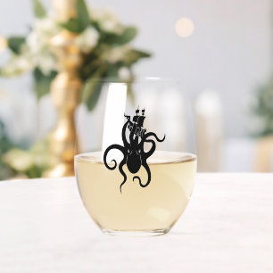 Sea Monster Black and White Kraken with Ship Weinglas Ohne Stiel