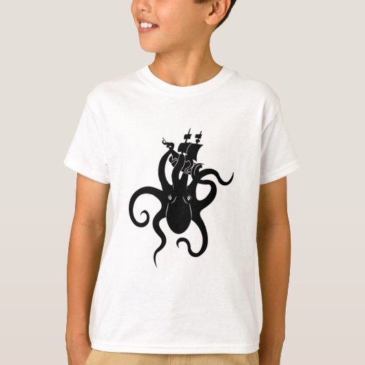 Sea Monster Blue and Black Kraken with Ship T-Shirt (Vorderseite)