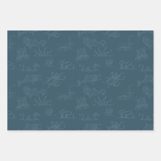 Sea Monster Line Art Navy & Haint Blue Geschenkpapier Set (Vorderseite 2)