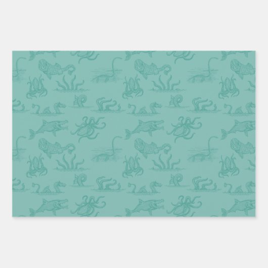 Sea Monster Line Art Navy & Haint Blue Geschenkpapier Set (Vorderseite)
