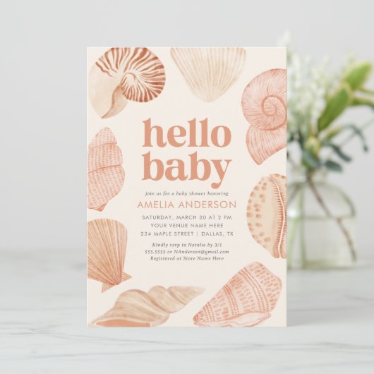 Sea Muschel Beach Baby Dusche Einladung (Stehend Vorderseite)