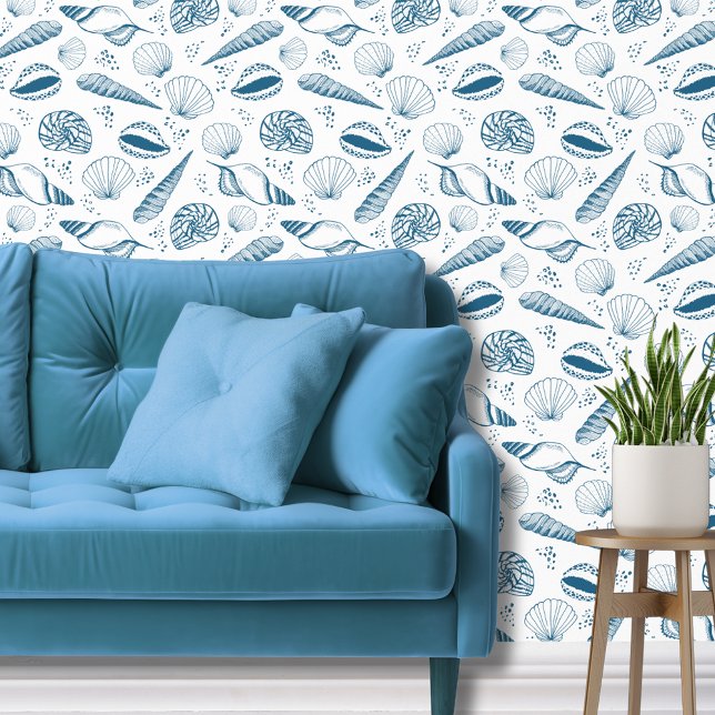 Sea Muschel Ozeanstrand blau weiß Tapete (Blue and white coastal beach vibe, seashell wallpaper.)