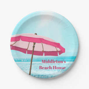 Sea Ocean Blue Summer Surf Pink Beach Umbrett Pappteller