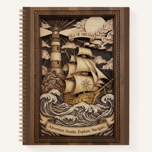Sea of Dreams 3D Wood Carved Nautical Journal Notizblock (Vorderseite)