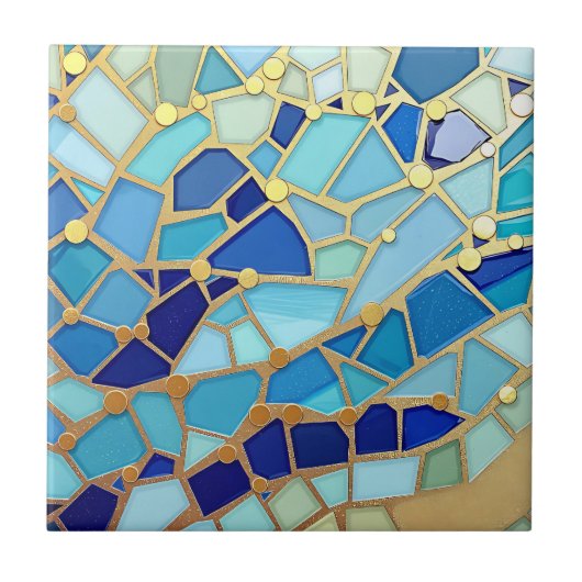 Sea of Waves Blue and Gold Mosaic Fine Art Fliese (Vorderseite)