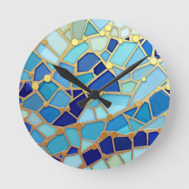Sea of Waves Blue and Gold Mosaic Fine Art Runde Wanduhr