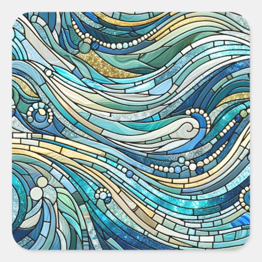 Sea of Waves Teal Mosaic Fine Art Quadratischer Aufkleber (Vorderseite)