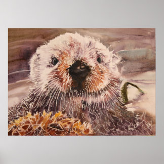 Sea Otter in Kelp Aqua Artwork Canvas Print Poster