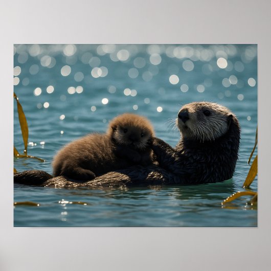 Sea Otter Mom & Pup Floating in Sparkling Ocean  Poster (Vorne)