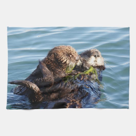 Sea Otter Mutter und Jungtier mit Seetang Geschirrtuch (Horizontal)