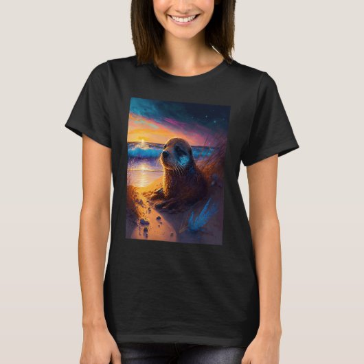 Sea Otter Retro Sunset Niedlich Otter 2 T-Shirt (Vorderseite)