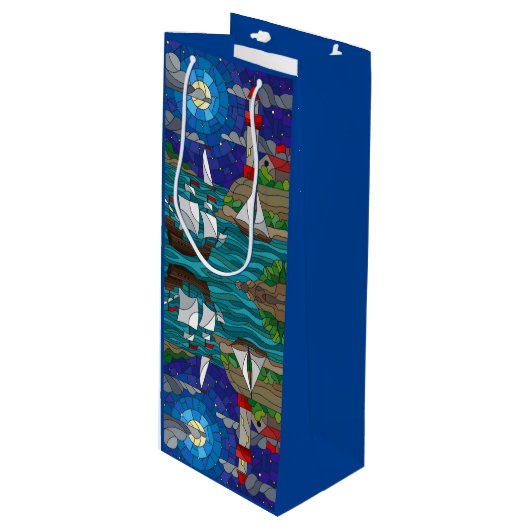Sea Red Lighthouse Segelschiffe Shore Starry Sky Geschenktüte Für Weinflaschen (Vorderseite Schrägansicht)
