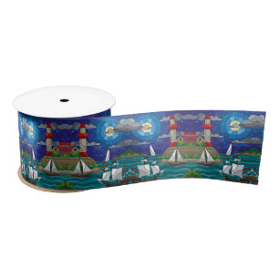 Sea Red Lighthouse Segelschiffe Shore Starry Sky Satinband