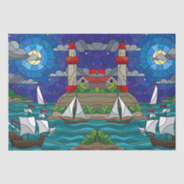 Sea Red Lighthouse Segelschiffe Shore Starry Sky  Seidenpapier