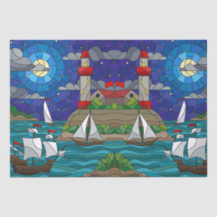 Sea Red Lighthouse Segelschiffe Shore Starry Sky Seidenpapier
