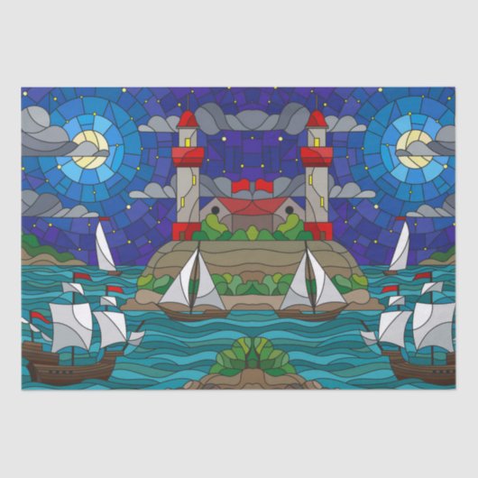 Sea Red Lighthouse Segelschiffe Shore Starry Sky  Seidenpapier (Vorderseite)