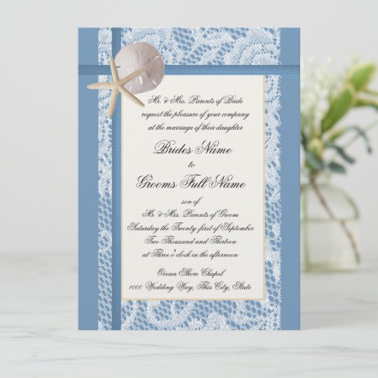 Sea Shore Romance Lace Wedding Einladung (Stehend Vorderseite)