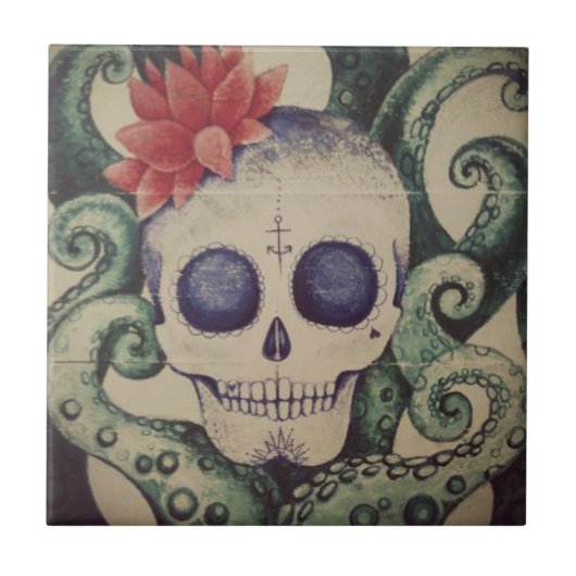 sea skull surf tile art mexican tattoo fliese (Vorderseite)