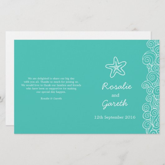 Sea Star & Wirbel aquamarines Hochzeitsprogramm (Vorne/Hinten)