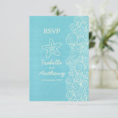 Sea Star & Wirbel Blue & Creme Hochzeit RSVP Karte (Stehend Vorderseite)