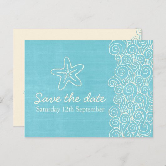 Sea Star & Wirbel Blue & Creme Save the Date Card Ankündigungspostkarte (Vorne/Hinten)