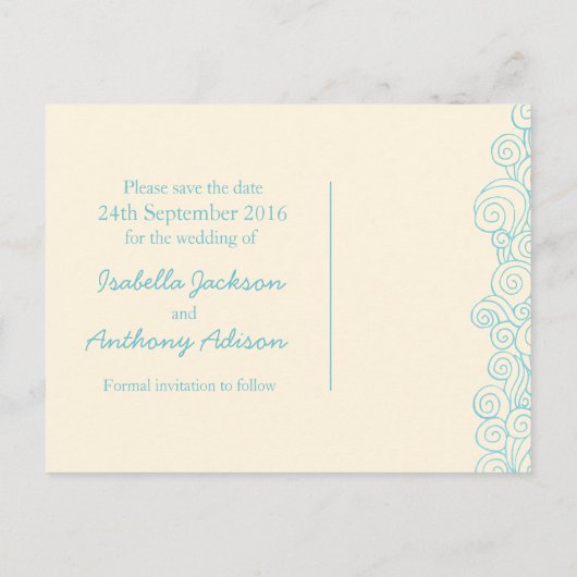 Sea Star & Wirbel Blue & Creme Save the Date Card Ankündigungspostkarte (Rückseite)