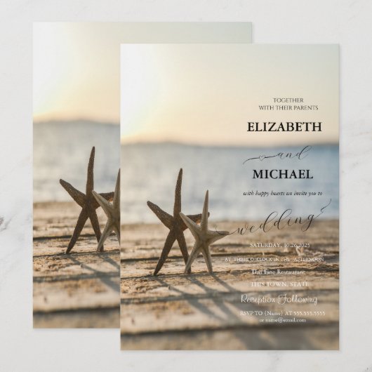 Sea stars Sand Beach Script Hochzeit Einladung (Vorne/Hinten)