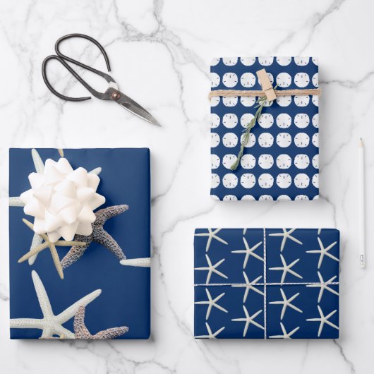 Sea Stars Sand Dollars Dark Navy Blue Geschenkpapier Set (Vorderseite)