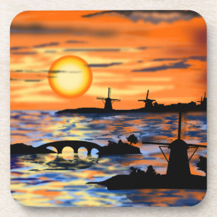 Sea Sunrise Landscape Untersetzer Windmühlen