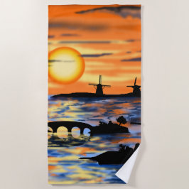 Sea Sunset Beach Towel Netherland Windmill Strandtuch