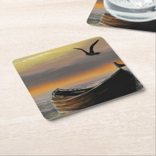 Sea Sunset Boat Seagull Flying Paper Untersetzer
