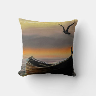 Sea Sunset Boat Seagull Flying Throw Kissen
