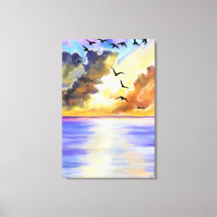 Sea Sunset Flying Birds Canvas Print - Malerei Leinwanddruck