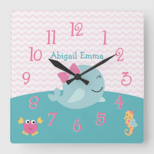 Sea Sweeties Whale Baby Nursery Clock Quadratische Wanduhr