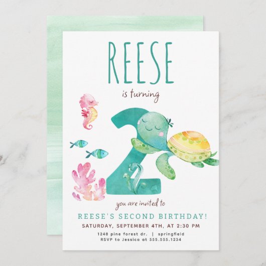 Sea Turtle 2. Geburtstag Einladung (Vorne/Hinten)