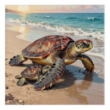 Sea Turtle and Baby on Beach Illustration