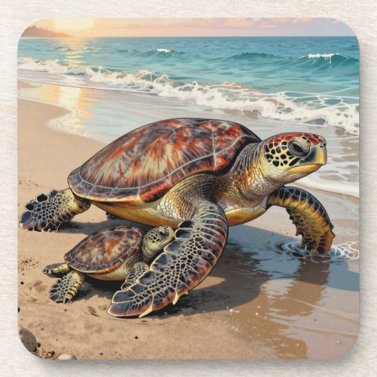 Sea Turtle and Baby on Beach Illustration Getränkeuntersetzer (Vorderseite)