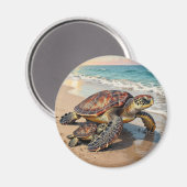 Sea Turtle and Baby on Beach Illustration Magnet (Vorderseite/Rückseite)