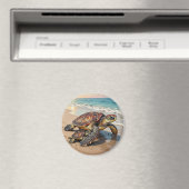 Sea Turtle and Baby on Beach Illustration Magnet (In Situ (Geschirrspüler))
