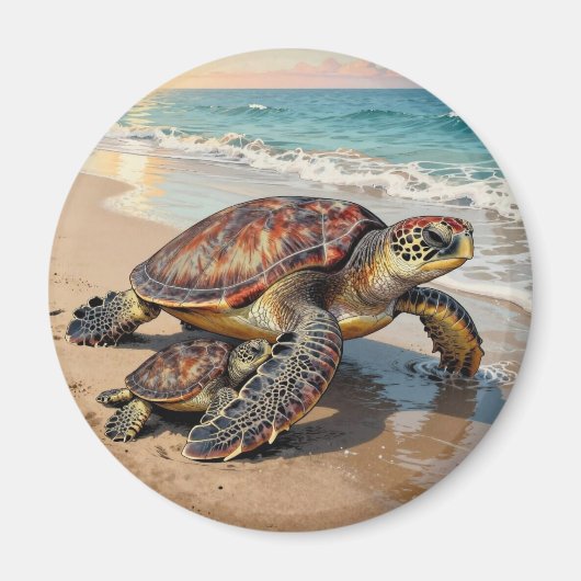 Sea Turtle and Baby on Beach Illustration Magnet (Vorne)