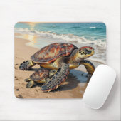 Sea Turtle and Baby on Beach Illustration Mousepad (Mit Mouse)