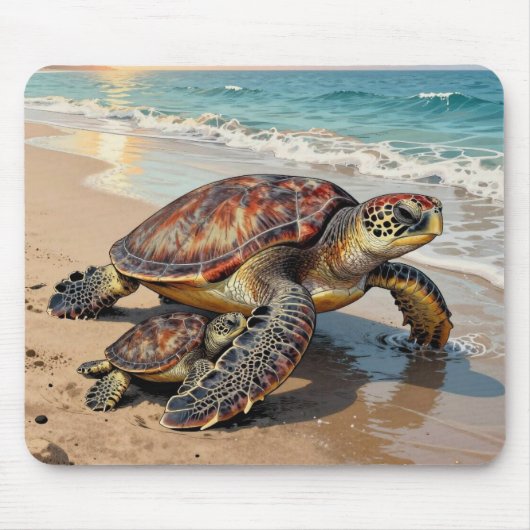 Sea Turtle and Baby on Beach Illustration Mousepad (Vorne)